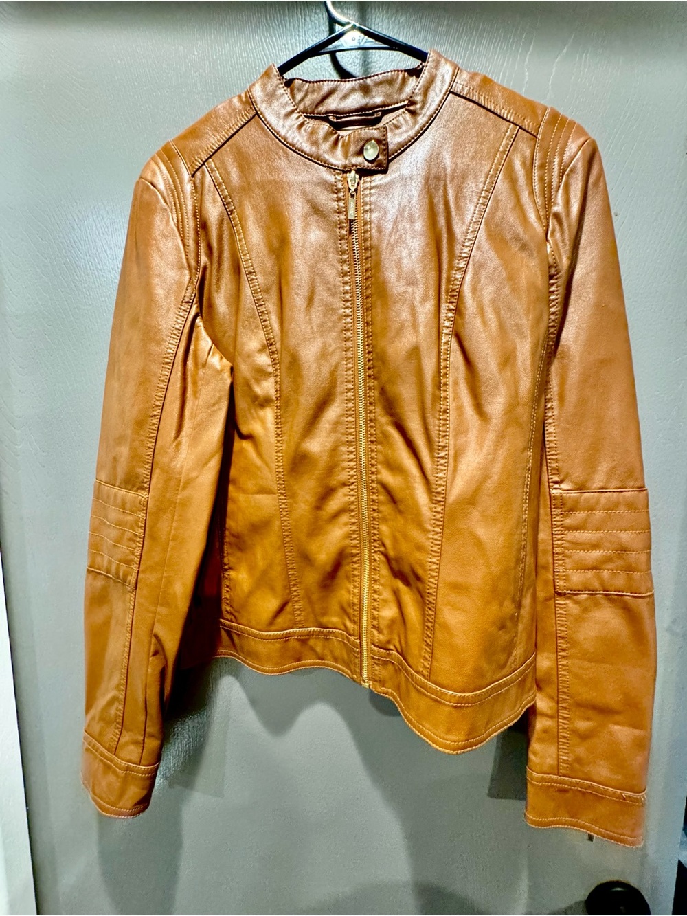 Guess Tan Leather Zip-Front Moto Jacket